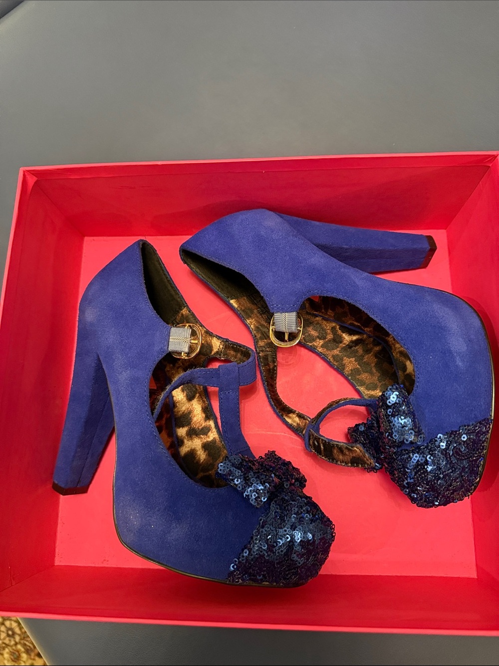 Betsy Johnson's Royal Blue Suede Platform Heels with Sequin Toe & Leopard bottom